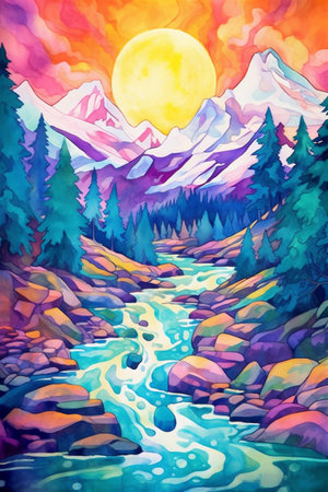 A Vibrant Colorful Landscape, Watercolor Painting Style Landscape, Otherworldly and Alien, Generative AIの素材