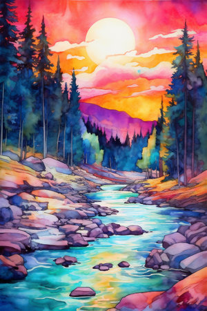 A Vibrant Colorful Landscape, Watercolor Painting Style Landscape, Otherworldly and Alien, Generative AIの素材
