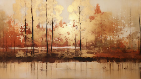 Vintage Japanese Autumn Forest Painting, Autumn Season, Autumnal Forest, Abstract Vintage Japanese Lacquer Painting, Generative AIの素材