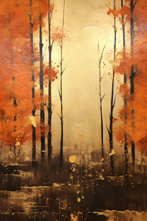 Vintage Japanese Autumn Forest Painting, Autumn Season, Autumnal Forest, Abstract Vintage Japanese Lacquer Painting, Generative AIの素材