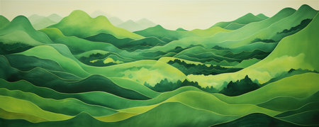 Vintage Japanese Spring Hills Painting, Spring Season, Fresh Green Hills, Abstract Vintage Japanese Lacquer Painting, Generative AIの素材