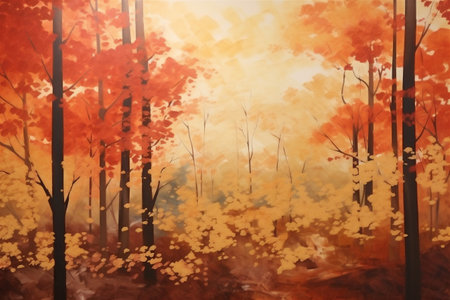 Vintage Japanese Autumn Forest Painting, Autumn Season, Autumnal Forest, Abstract Vintage Japanese Lacquer Painting, Generative AIの素材