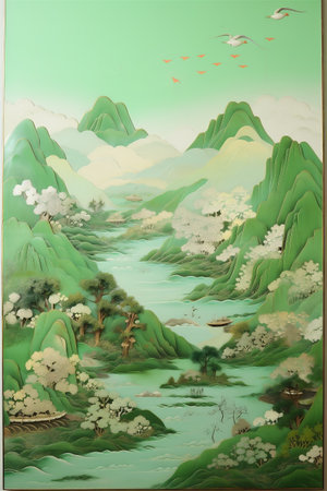 Vintage Japanese Spring Hills Painting, Spring Season, Fresh Green Hills, Abstract Vintage Japanese Lacquer Painting, Generative AIの素材