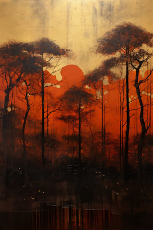 Vintage Japanese Autumn Forest Painting, Autumn Season, Autumnal Forest, Abstract Vintage Japanese Lacquer Painting, Generative AIの素材