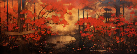 Vintage Japanese Autumn Forest Painting, Autumn Season, Autumnal Forest, Abstract Vintage Japanese Lacquer Painting, Generative AIの素材