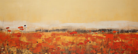 Vintage Japanese Summer Fields Painting, Summer Season, Warm Summery Fields, Abstract Vintage Japanese Lacquer Painting, Generative AIの素材