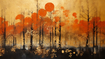 Vintage Japanese Autumn Forest Painting, Autumn Season, Autumnal Forest, Abstract Vintage Japanese Lacquer Painting, Generative AIの素材