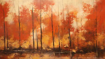 Vintage Japanese Autumn Forest Painting, Autumn Season, Autumnal Forest, Abstract Vintage Japanese Lacquer Painting, Generative AIの素材