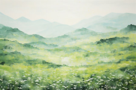 Vintage Japanese Spring Hills Painting, Spring Season, Fresh Green Hills, Abstract Vintage Japanese Lacquer Painting, Generative AIの素材