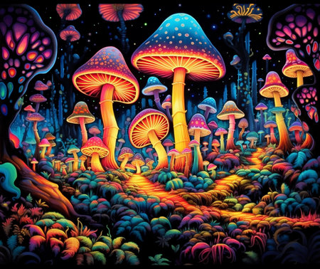 Trippy Psychedelic Mushroom, Black Light Style Art with Vivid Neon Colors, Generative AIの素材
