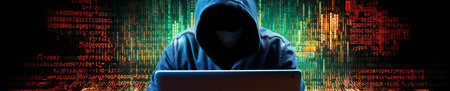 A Hacker on a Laptop, a Man Wearing a Hood on a Laptop, Image Made Up Of Colorful Binary Code, Hacker Terminal Style Image, Cyber Crime and Criminal Concept, Dark Web Concept Generative AIの素材