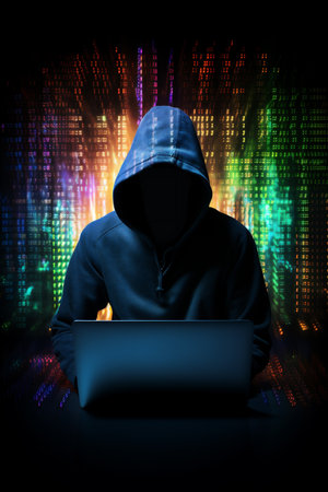 A Hacker on a Laptop, a Man Wearing a Hood on a Laptop, Image Made Up Of Colorful Binary Code, Hacker Terminal Style Image, Cyber Crime and Criminal Concept, Dark Web Concept Generative AIの素材