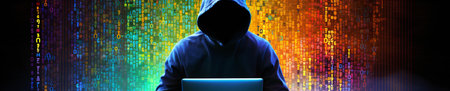 A Hacker on a Laptop, a Man Wearing a Hood on a Laptop, Image Made Up Of Colorful Binary Code, Hacker Terminal Style Image, Cyber Crime and Criminal Concept, Dark Web Concept Generative AIの素材
