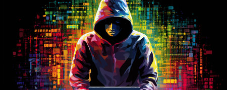 A Hacker on a Laptop, a Man Wearing a Hood on a Laptop, Image Made Up Of Colorful Binary Code, Hacker Terminal Style Image, Cyber Crime and Criminal Concept, Dark Web Concept Generative AIの素材