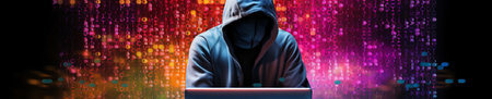 A Hacker on a Laptop, a Man Wearing a Hood on a Laptop, Image Made Up Of Colorful Binary Code, Hacker Terminal Style Image, Cyber Crime and Criminal Concept, Dark Web Concept Generative AIの素材