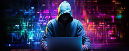 A Hacker on a Laptop, a Man Wearing a Hood on a Laptop, Image Made Up Of Colorful Binary Code, Hacker Terminal Style Image, Cyber Crime and Criminal Concept, Dark Web Concept Generative AIの素材