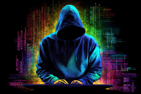 A Hacker on a Laptop, a Man Wearing a Hood on a Laptop, Image Made Up Of Colorful Binary Code, Hacker Terminal Style Image, Cyber Crime and Criminal Concept, Dark Web Concept Generative AIの素材