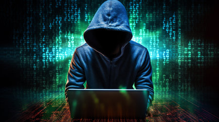 A Hacker on a Laptop, a Man Wearing a Hood on a Laptop, Image Made Up Of Colorful Binary Code, Hacker Terminal Style Image, Cyber Crime and Criminal Concept, Dark Web Concept Generative AIの素材