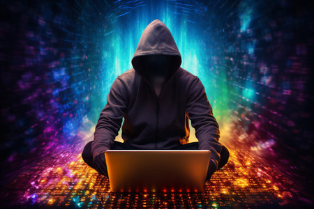 A Hacker on a Laptop, a Man Wearing a Hood on a Laptop, Image Made Up Of Colorful Binary Code, Hacker Terminal Style Image, Cyber Crime and Criminal Concept, Dark Web Concept Generative AIの素材