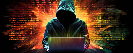 A Hacker on a Laptop, a Man Wearing a Hood on a Laptop, Image Made Up Of Colorful Binary Code, Hacker Terminal Style Image, Cyber Crime and Criminal Concept, Dark Web Concept Generative AIの素材