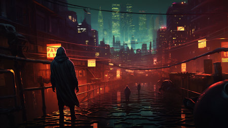 A Digital Neon Cyberpunk City, A Futuristic Dystopian City Riddled with Cyber Crime, Shadey Hooded Criminals and Thieves Lurking, Concept Representing Hidden Dangers of the Internet, Generative AIの素材