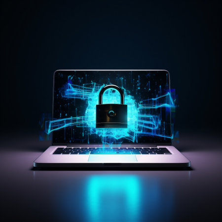A Padlock on a Laptop, Neon Blue, Futuristic Themes, Representing the Vulnerability of Personal Devices, Generative AIの素材