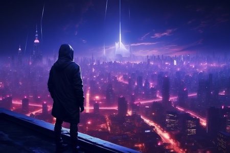 A Digital Neon Cyberpunk City, A Futuristic Dystopian City Riddled with Cyber Crime, Shadey Hooded Criminals and Thieves Lurking, Concept Representing Hidden Dangers of the Internet, Generative AIの素材