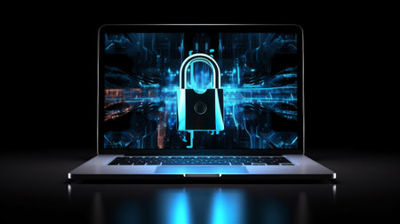 A Padlock on a Laptop, Neon Blue, Futuristic Themes, Representing the Vulnerability of Personal Devices, Generative AIの素材