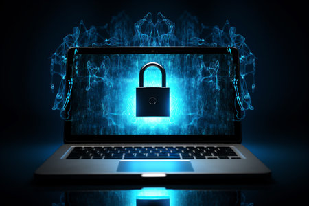 A Padlock on a Laptop, Neon Blue, Futuristic Themes, Representing the Vulnerability of Personal Devices, Generative AIの素材
