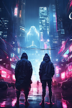 A Digital Neon Cyberpunk City, A Futuristic Dystopian City Riddled with Cyber Crime, Shadey Hooded Criminals and Thieves Lurking, Concept Representing Hidden Dangers of the Internet, Generative AIの素材