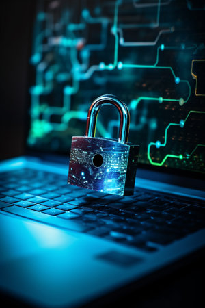 A Padlock on a Laptop, Neon Blue, Futuristic Themes, Representing the Vulnerability of Personal Devices, Generative AIの素材