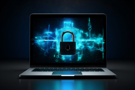 A Padlock on a Laptop, Neon Blue, Futuristic Themes, Representing the Vulnerability of Personal Devices, Generative AIの素材