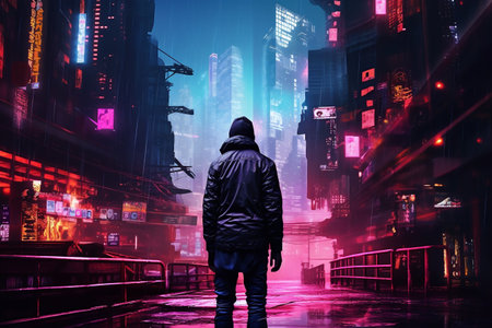 A Digital Neon Cyberpunk City, A Futuristic Dystopian City Riddled with Cyber Crime, Shadey Hooded Criminals and Thieves Lurking, Concept Representing Hidden Dangers of the Internet, Generative AIの素材