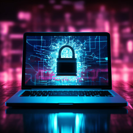 A Padlock on a Laptop, Neon Blue, Futuristic Themes, Representing the Vulnerability of Personal Devices, Generative AIの素材
