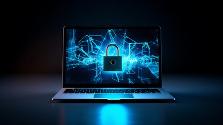 A Padlock on a Laptop, Neon Blue, Futuristic Themes, Representing the Vulnerability of Personal Devices, Generative AIの素材