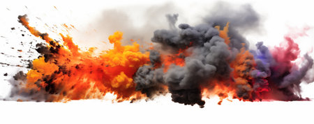 A Violent Dynamite or C4 Explosion on a White Background, Orange Flame and Gray Smoke, Generative AIの素材