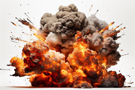 A Violent Dynamite or C4 Explosion on a White Background, Orange Flame and Gray Smoke, Generative AIの素材