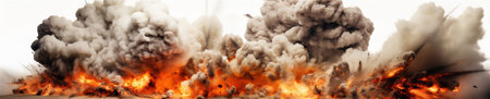 A Violent Dynamite or C4 Explosion on a White Background, Orange Flame and Gray Smoke, Generative AIの素材