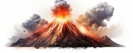 A Volcano Erupting, an Intense Eruption or Explosion from a Volcano, Isolated on a White Background, Generative AIの素材