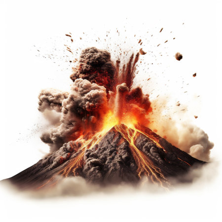 A Volcano Erupting, an Intense Eruption or Explosion from a Volcano, Isolated on a White Background, Generative AIの素材