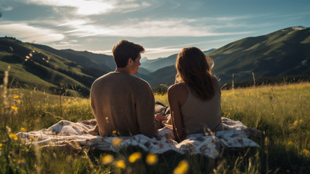 A Young Couple Sitting on a Picnic Blanket, Having a Picnic, Looking Out at Meadows and Mountains, Generative AIの素材