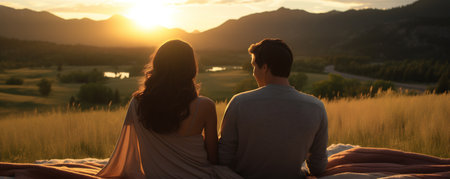 A Young Couple Sitting on a Picnic Blanket, Having a Picnic, Looking Out at Meadows and Mountains, Generative AIの素材