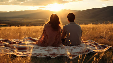 A Young Couple Sitting on a Picnic Blanket, Having a Picnic, Looking Out at Meadows and Mountains, Generative AIの素材