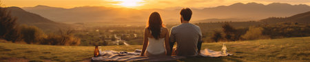 A Young Couple Sitting on a Picnic Blanket, Having a Picnic, Looking Out at Meadows and Mountains, Generative AIの素材