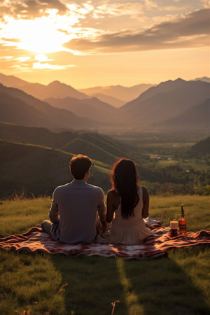 A Young Couple Sitting on a Picnic Blanket, Having a Picnic, Looking Out at Meadows and Mountains, Generative AIの素材