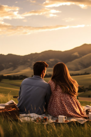 A Young Couple Sitting on a Picnic Blanket, Having a Picnic, Looking Out at Meadows and Mountains, Generative AIの素材
