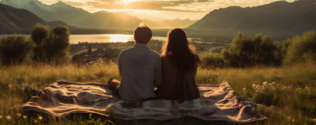 A Young Couple Sitting on a Picnic Blanket, Having a Picnic, Looking Out at Meadows and Mountains, Generative AIの素材