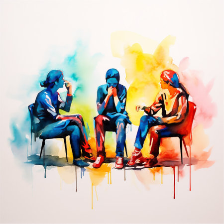 A Vibrant Watercolor Painting of a Group Therapy Session, Mental Health Concepts, Generative AIの素材