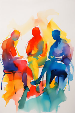 A Vibrant Watercolor Painting of a Group Therapy Session, Mental Health Concepts, Generative AIの素材