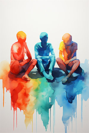 A Vibrant Watercolor Painting of a Group Therapy Session, Mental Health Concepts, Generative AIの素材